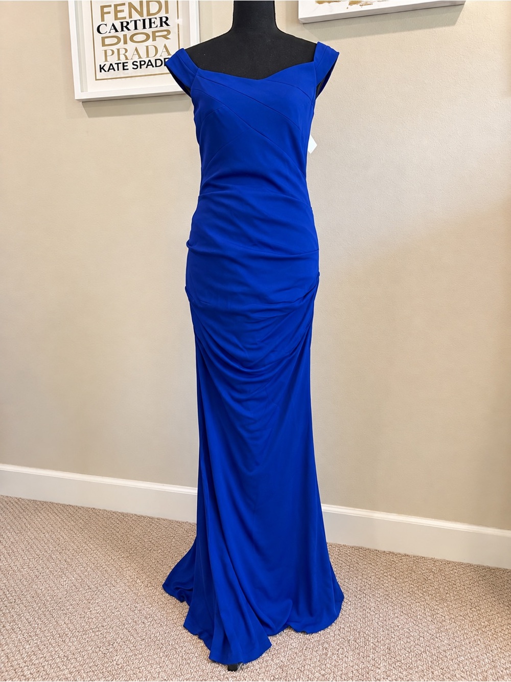 Nicole Miller Royal Blue Ruched Off Shoulder Gown Size 8